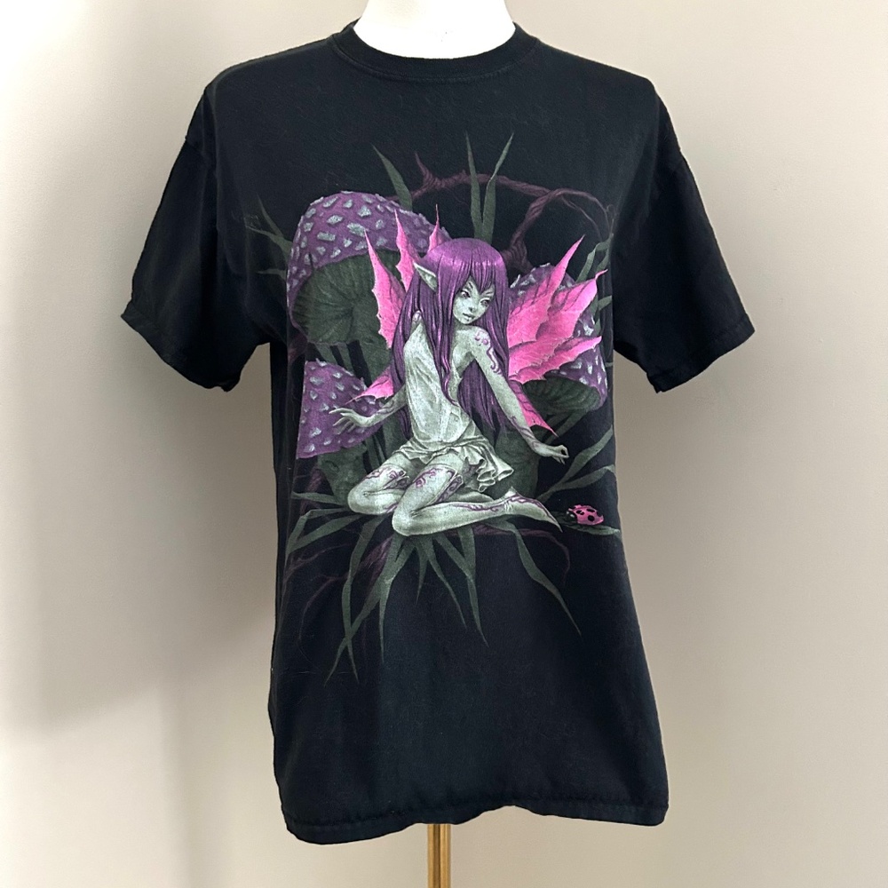 Y2K Fairies by Trick T-Shirt Black Purple Sz Medium Cotton Mushroom